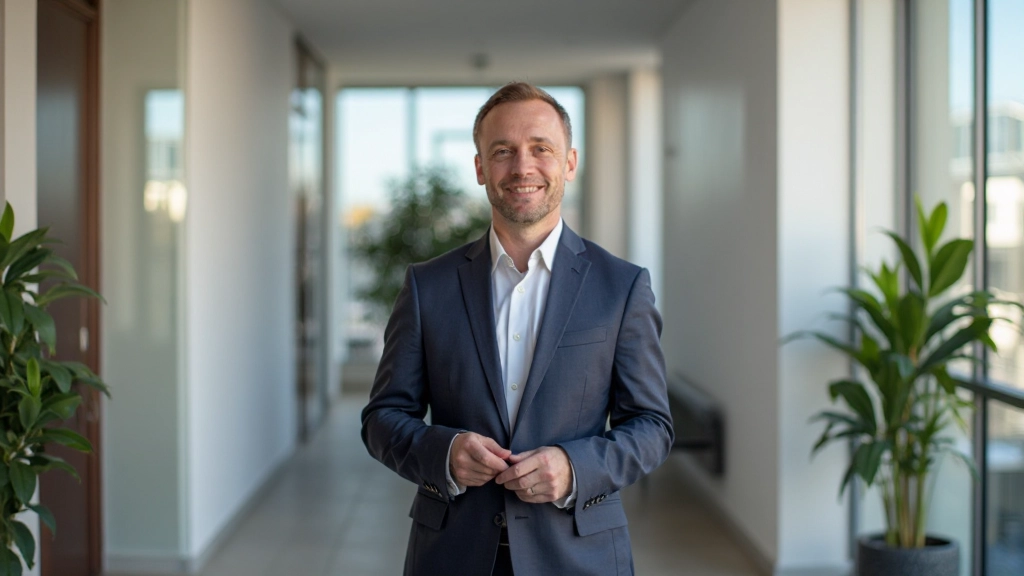 Zelfverzekerde persoon in professionele omgeving, staand met open houding, sterke uitdrukking