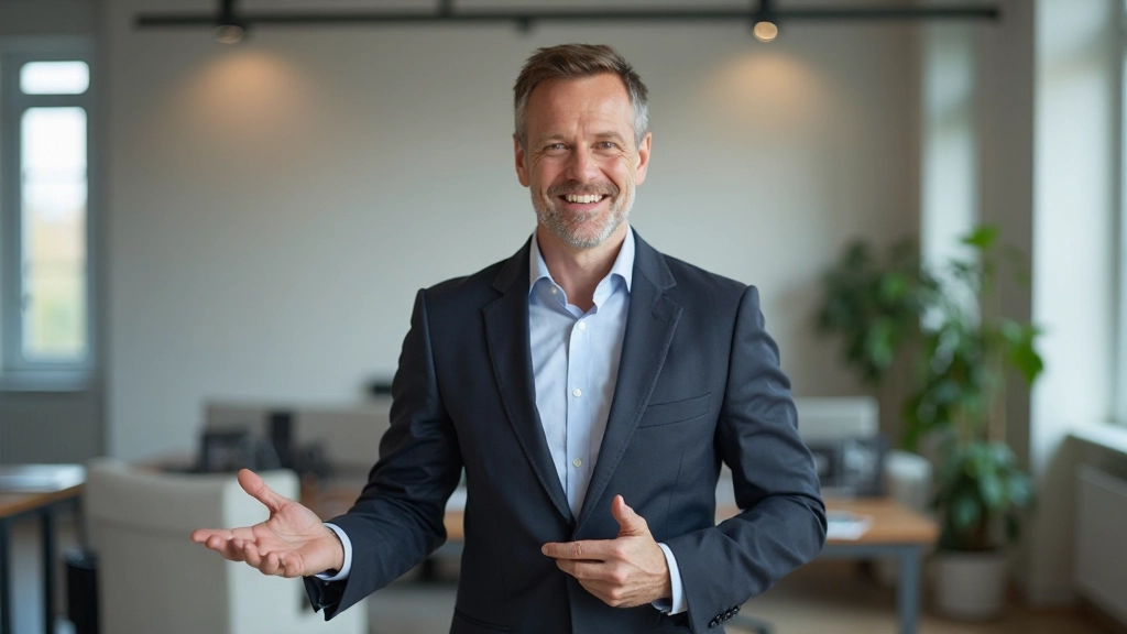 Professionele foto van iemand die vol zelfvertrouwen in een zakenomgeving staat, klaar voor leiderschap