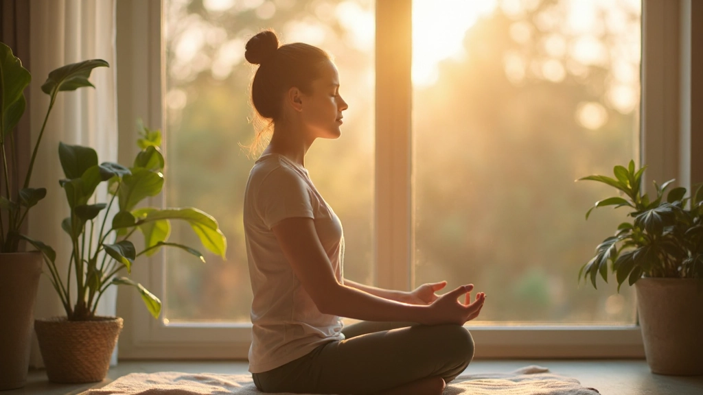 Rustgevende werkomgeving met persoon die mediteert bij venster, natuurlijk licht, kalme sfeer