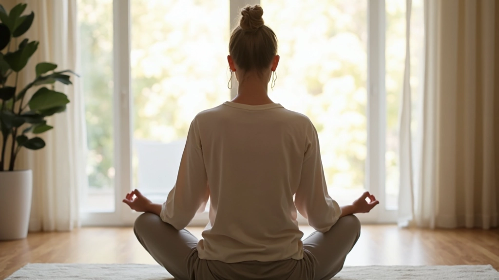 Persoon mediteert in rustige ruimte, kalmte, mindfulness, stressverlichting