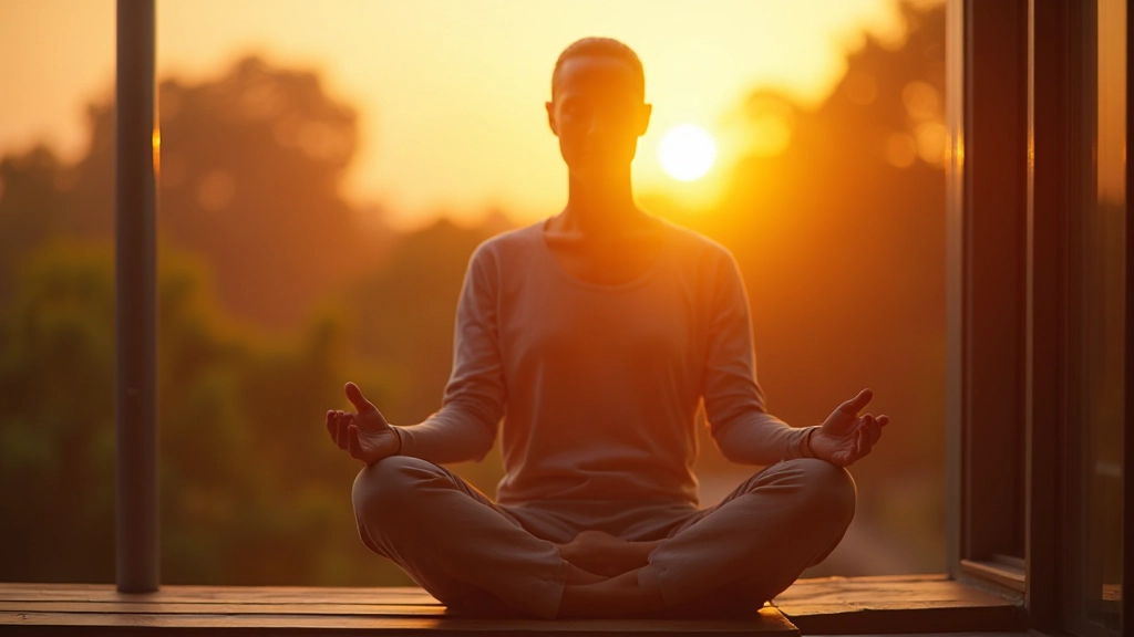 Professionele foto van iemand die in de vroege ochtend aan het mediteren is op een balkon met uitzicht op zonsopgang