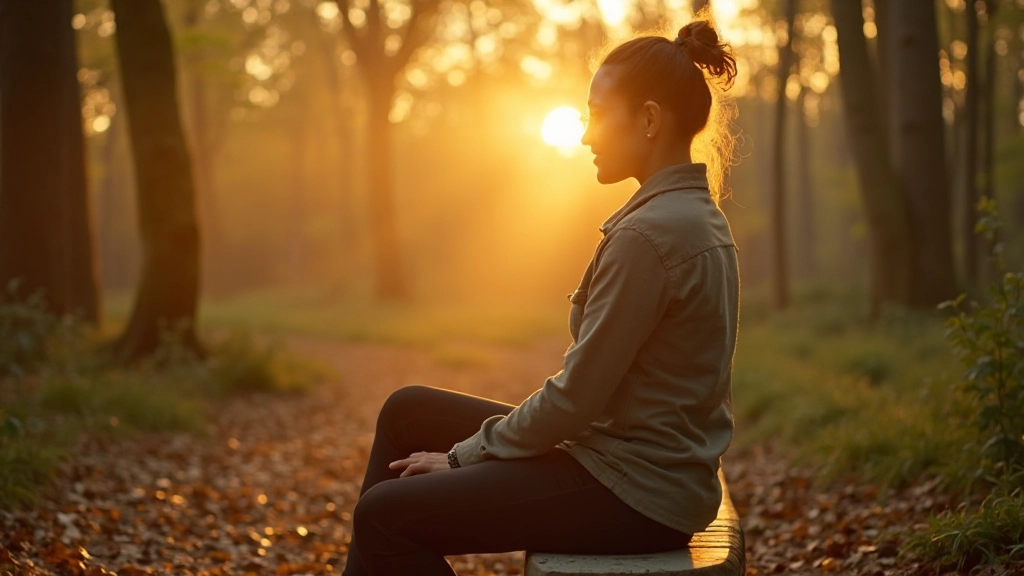 Persoon in bos op bankje, ontspannen houding, natuuromgeving, vredig moment, zonsondergang