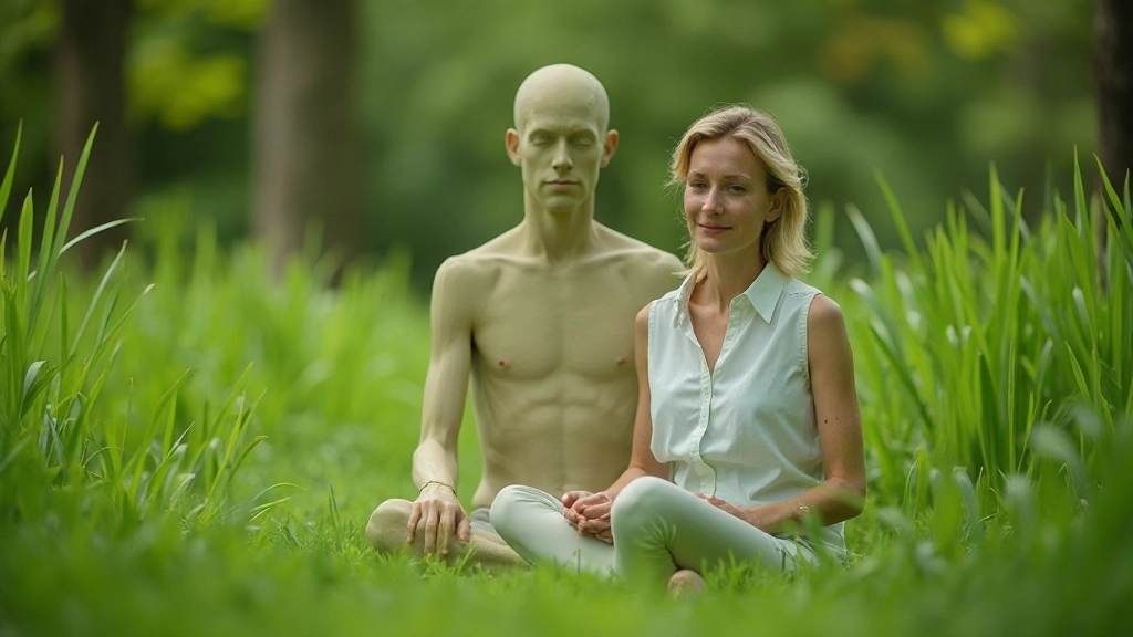 Persoon doet mindfulness oefening in natuuromgeving, zittend op gras, vreedzame uitdrukking, groene achtergrond