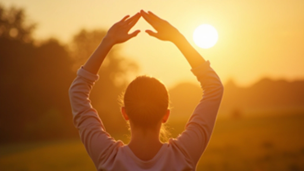 Persoon uitrekkend bij zonsopgang, ochtendritme, energie, nieuw begin