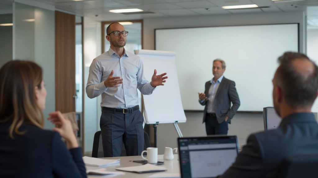 Professionele foto van zelfverzekerde persoon in presentatie voor groep