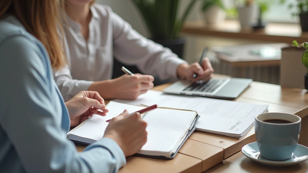 Ochtendelijke werkplek met dagboek, koffie en zonnelicht voor productieve morgenochtend