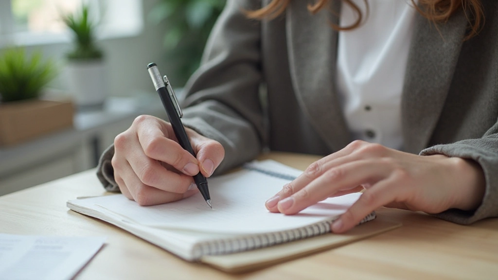 Persoon schrijft doelen in notitieboek met pen, gericht gezicht, helder plan